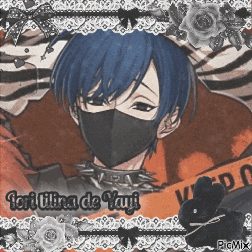 a picture of a boy with blue hair wearing a black mask and a collar