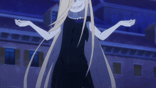 a girl in a black dress is standing in front of a building