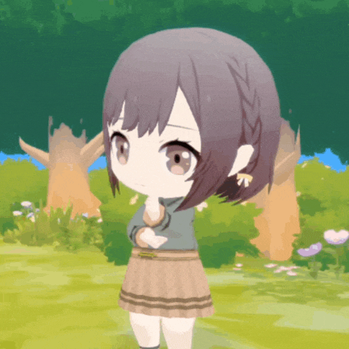 a cartoon girl is standing in a grassy area with trees in the background