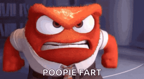a cartoon character from inside out is very angry and says poopie fart