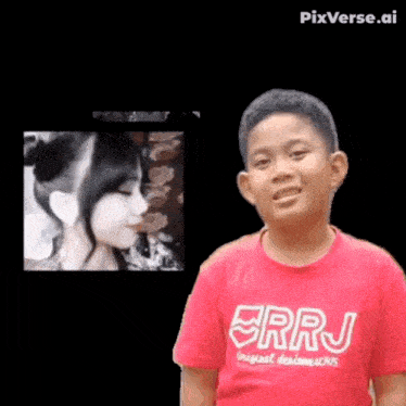 a boy wearing a red shirt that says rrj is standing next to a woman .