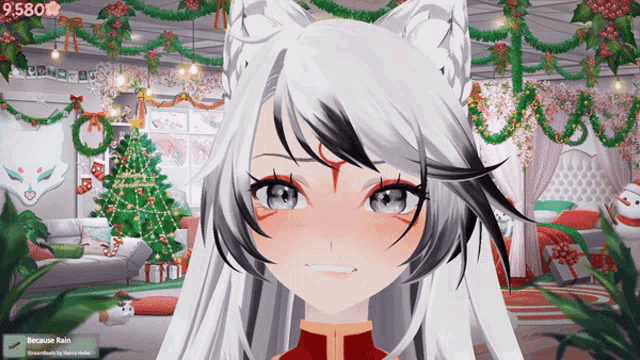 a screenshot of a video game with a christmas tree in the background
