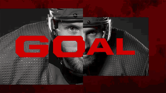 a black and white photo of a hockey player with the word goal above him