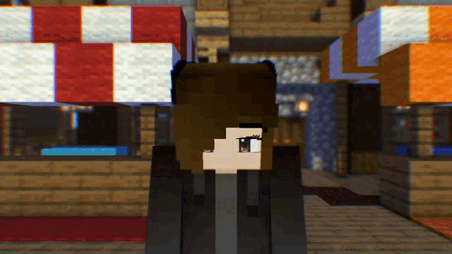 a girl in a minecraft video game stands in front of a red white and blue awning