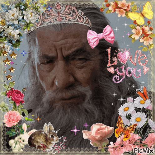 a picture of a man with a beard wearing a crown and flowers with the words love you on the bottom