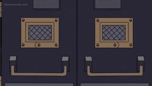 a cartoon character is standing in front of a door and holding a cane