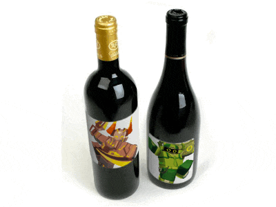 two bottles of wine one of which has a picture of a samurai on it
