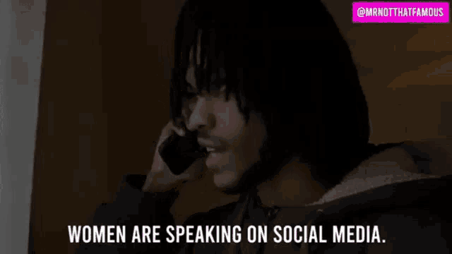 a man is talking on a cell phone with the words women are speaking on social media below him