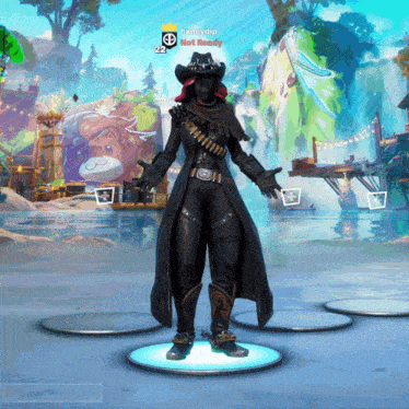 a person in a cowboy outfit is standing in front of a screen that says not ready on it