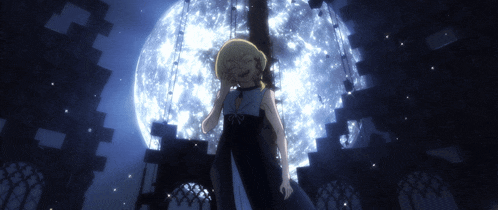 a girl stands in front of a full moon in a dark room