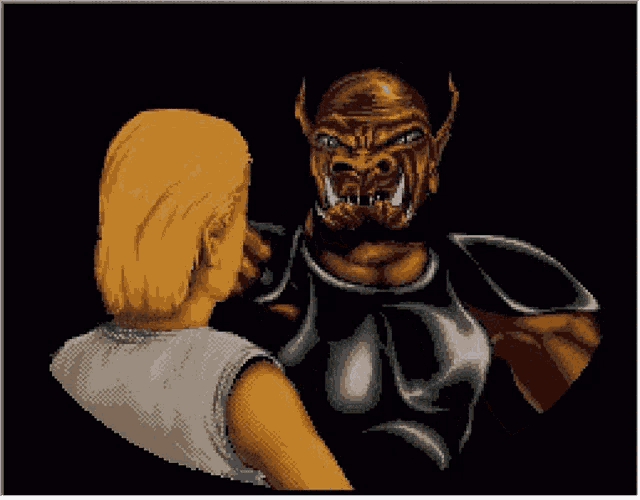 a pixel art of a man and a monster