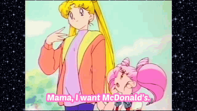 a cartoon of a woman standing next to a little girl with the words mama i want mcdonald 's on the bottom