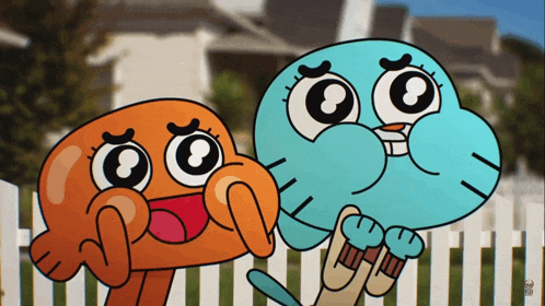 gumball and darwin from the amazing world of gumball are standing next to each other in front of a white picket fence