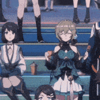 a group of anime characters are standing and sitting on steps