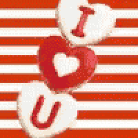 a red and white striped background with three hearts that say `` i love u '' .