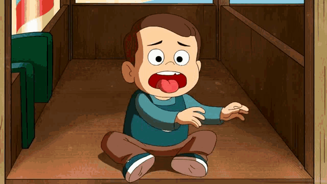 a cartoon of a boy sticking his tongue out while sitting on the floor