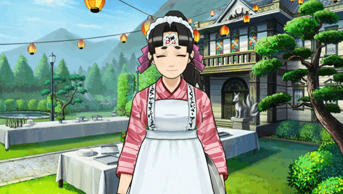 a girl in a maid outfit is smiling in front of a house