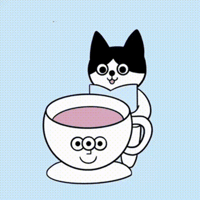 a black and white cat is sleeping in a cup of coo coffee
