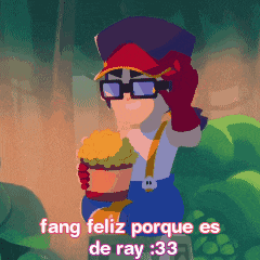 a pixel art drawing of a man holding a hamburger with the words fang feliz porque es de ray 33 below him