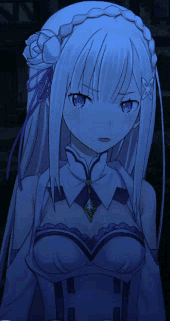 a girl with white hair and purple eyes has a green necklace
