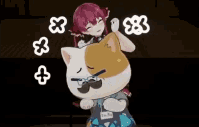 a cartoon girl is riding on the back of a cat with a mustache and glasses .