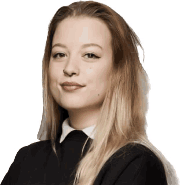 a woman with long blonde hair wearing a black sweater and white collar