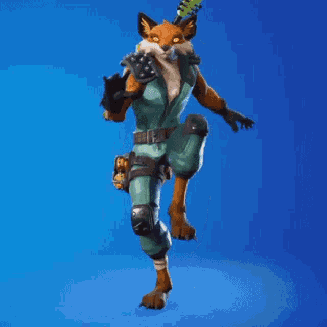 a fox in a green suit is dancing on a blue background in a video game .