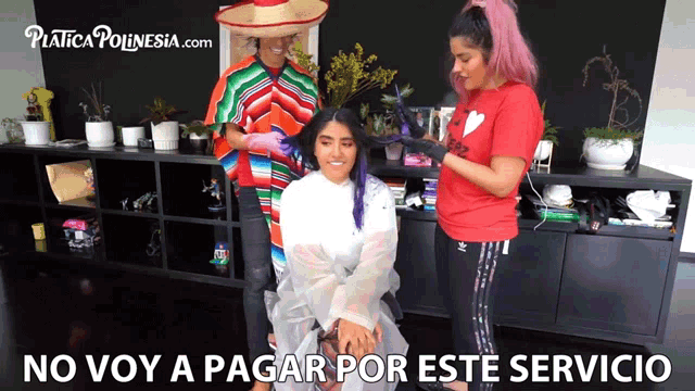 a woman with purple hair is getting her hair dyed by a man in a sombrero and a woman in a red shirt