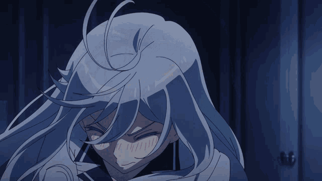 a girl with long white hair is standing in front of a door that says n6