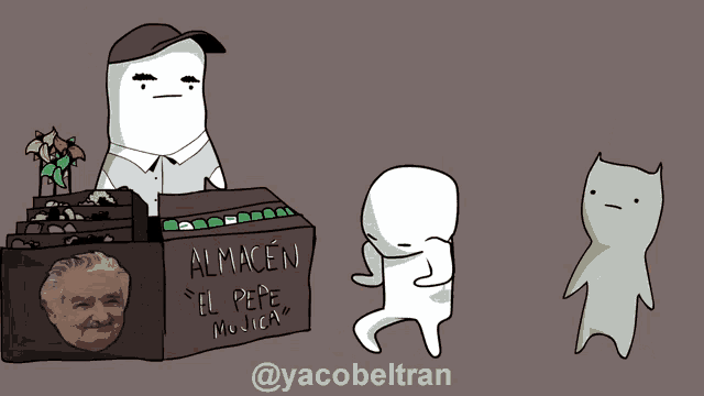 a cartoon of a man standing next to a box that says almacen el pepe