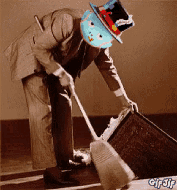 a man wearing a top hat and a mask is sweeping a floor