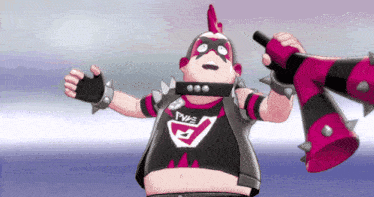 a cartoon character with the letter a on his shirt is holding a pink object