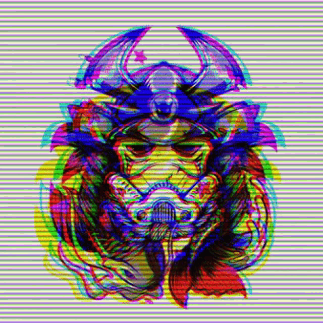 a colorful painting of a samurai wearing a storm trooper helmet