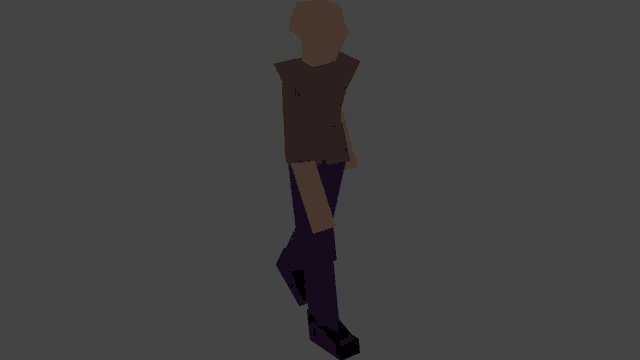 a man in a red shirt and blue pants is walking on a gray background