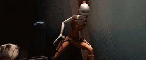 a cartoon character is holding a red light saber in her hand .