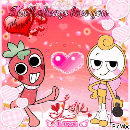 a picture of two cartoon characters with the words i will always love you at the top