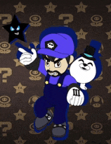 a cartoon of a man in a purple hat and overalls