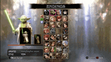a video game with yoda holding a lightsaber and the words endings