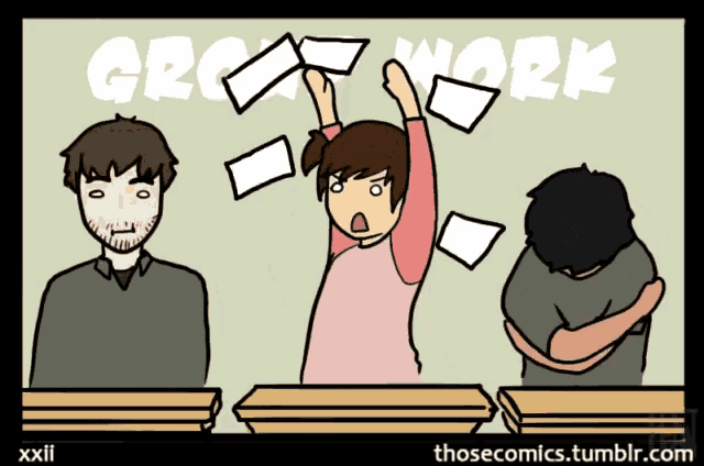 a cartoon shows a girl holding up a bunch of papers and the words great work behind her