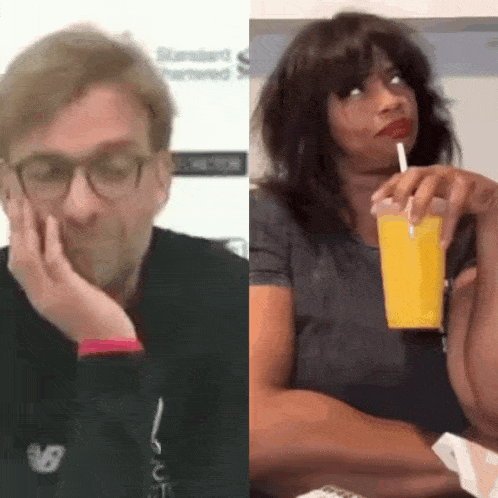 a man and a woman are sitting next to each other and the woman is drinking orange juice through a straw .