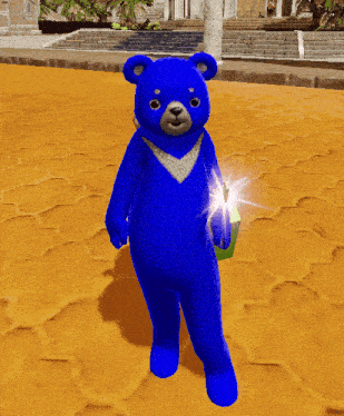 a blue teddy bear is standing on a sandy ground