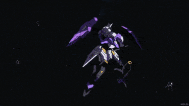 a purple and white robot is flying through the air with a sword .