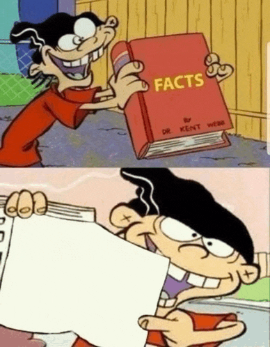 a cartoon character is holding a red book titled facts