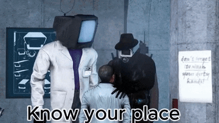 a group of people with tv heads are standing next to each other and the words know your place are on the bottom
