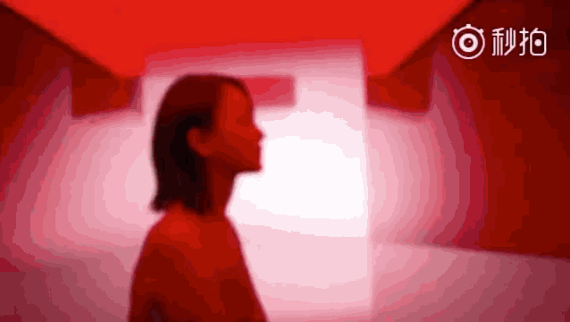 a woman is standing in a red room with chinese writing on the bottom right corner .