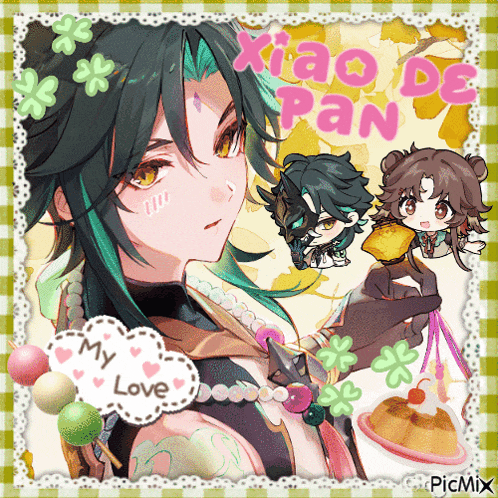 a picture of xiao de pan with a speech bubble saying " my love "