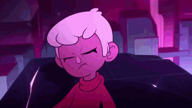 a cartoon character with white hair and a red sweater looks angry