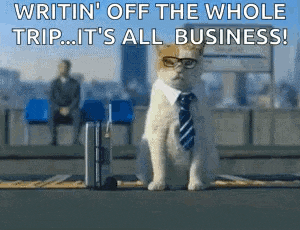 a cat wearing glasses and a tie is sitting in front of a suitcase and a man .