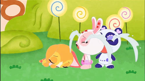 a cartoon of a bear and a rabbit crying with lollipops behind them