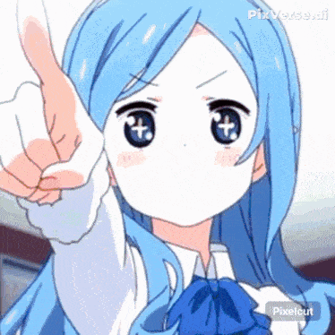 a girl with blue hair is pointing her finger at the camera